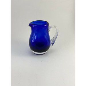 Vintage Hand Blown Cobalt Blue Crystal Pitcher With Clear Carved Handle 4’